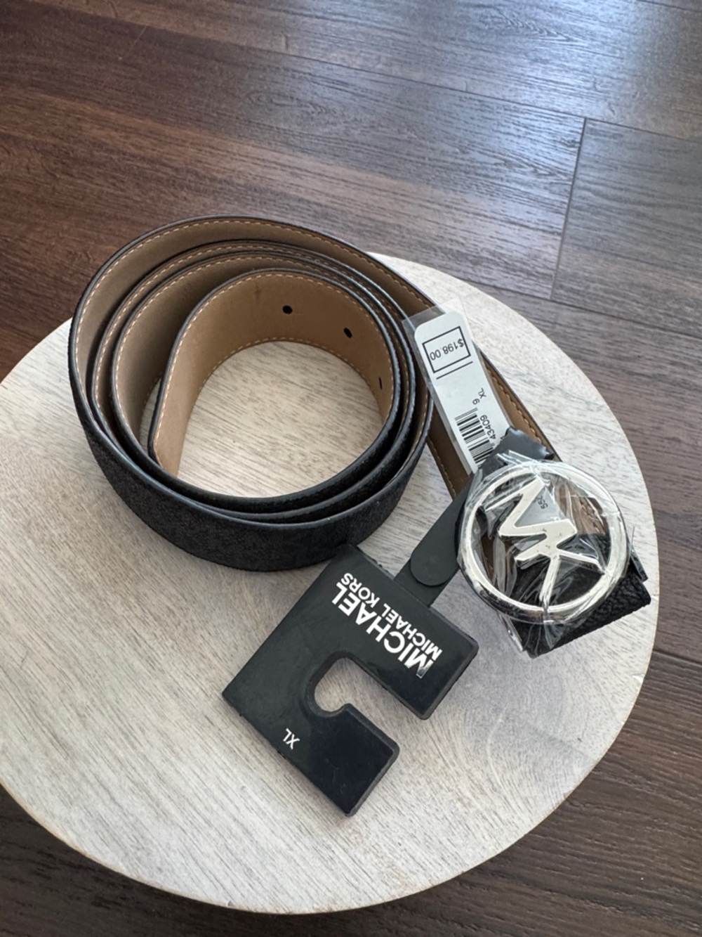 Michael Kors Signature Logo Black/gray Belt with Silver MK Circle Buckle